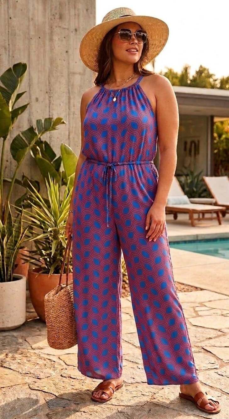 Escapada Blue and Orange Geometric Print Halter Neck Jumpsuit Sz M